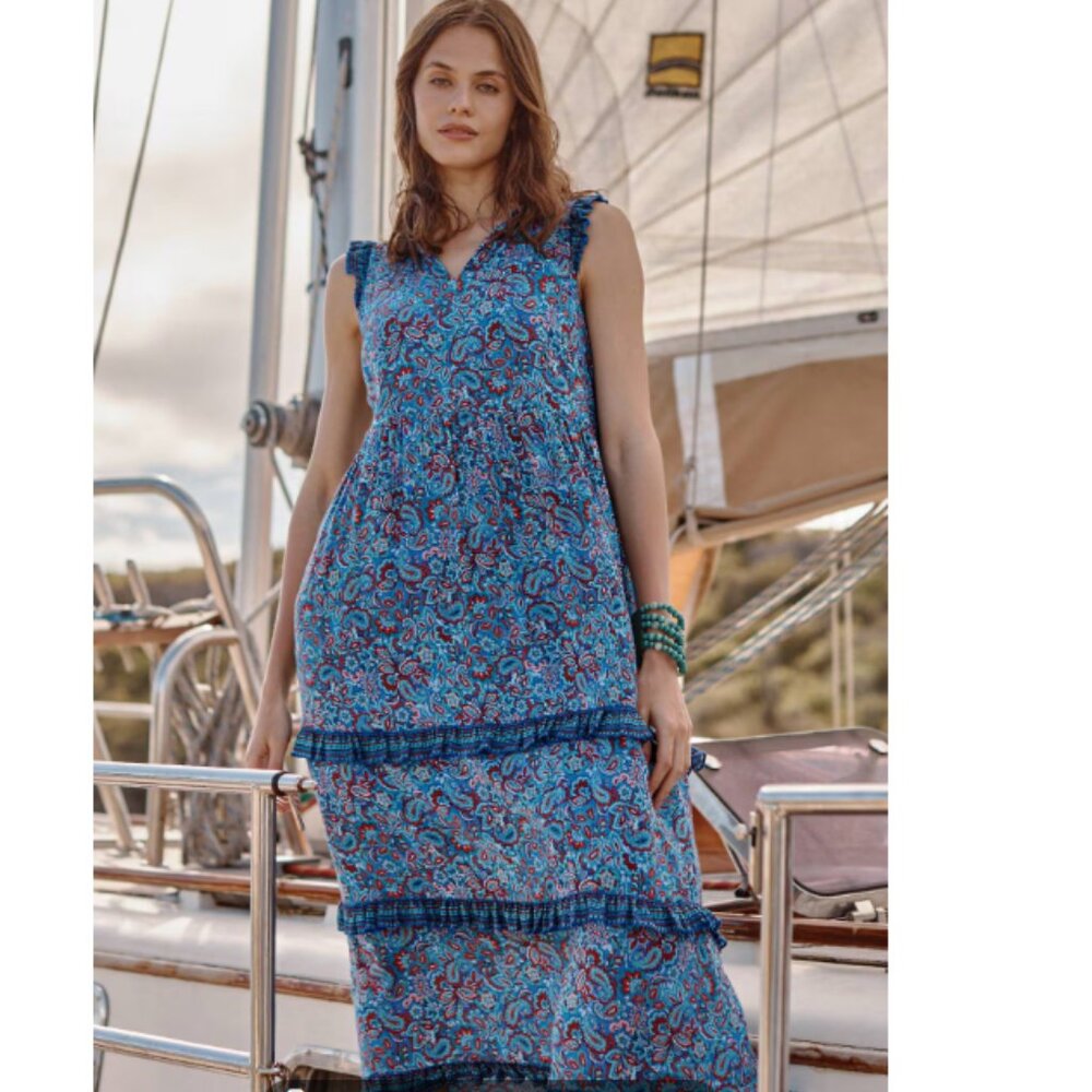 NWT J.jill Coastal Ruffled Midi Dress In Royal Blue Cheerful Paisley size M
